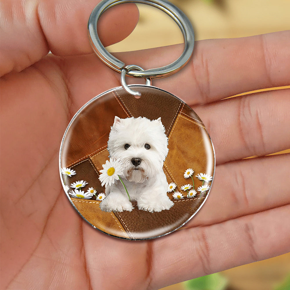 West Highland White Terrier DogHolding Daisy-Round Resin Epoxy Metal Keychain
