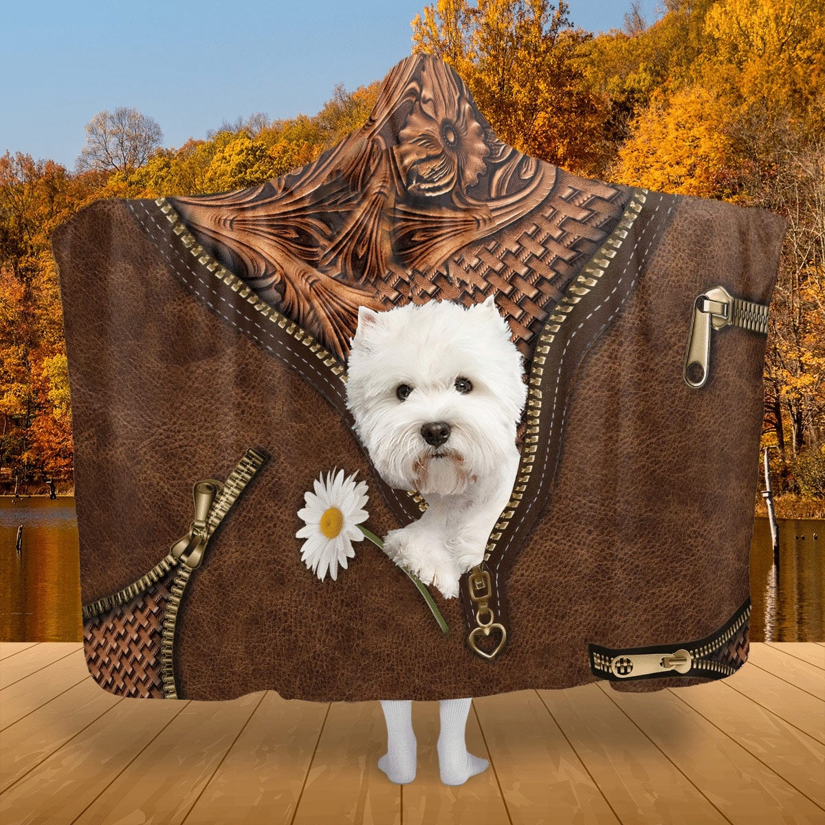 West Highland Dog Holding Daisy Hooded Blanket