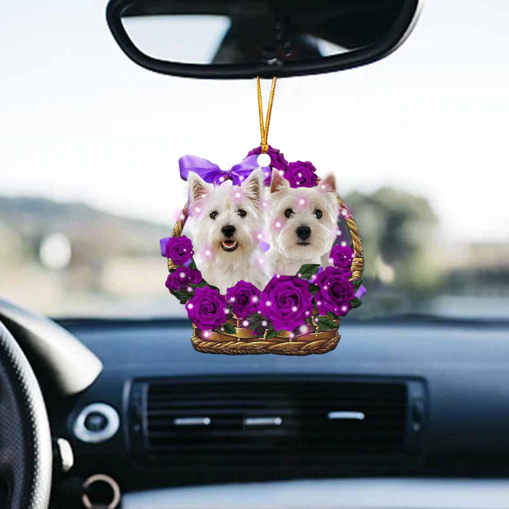 West Highland White Terrier Purple Rose Wicker Basket Car Hanging Ornament