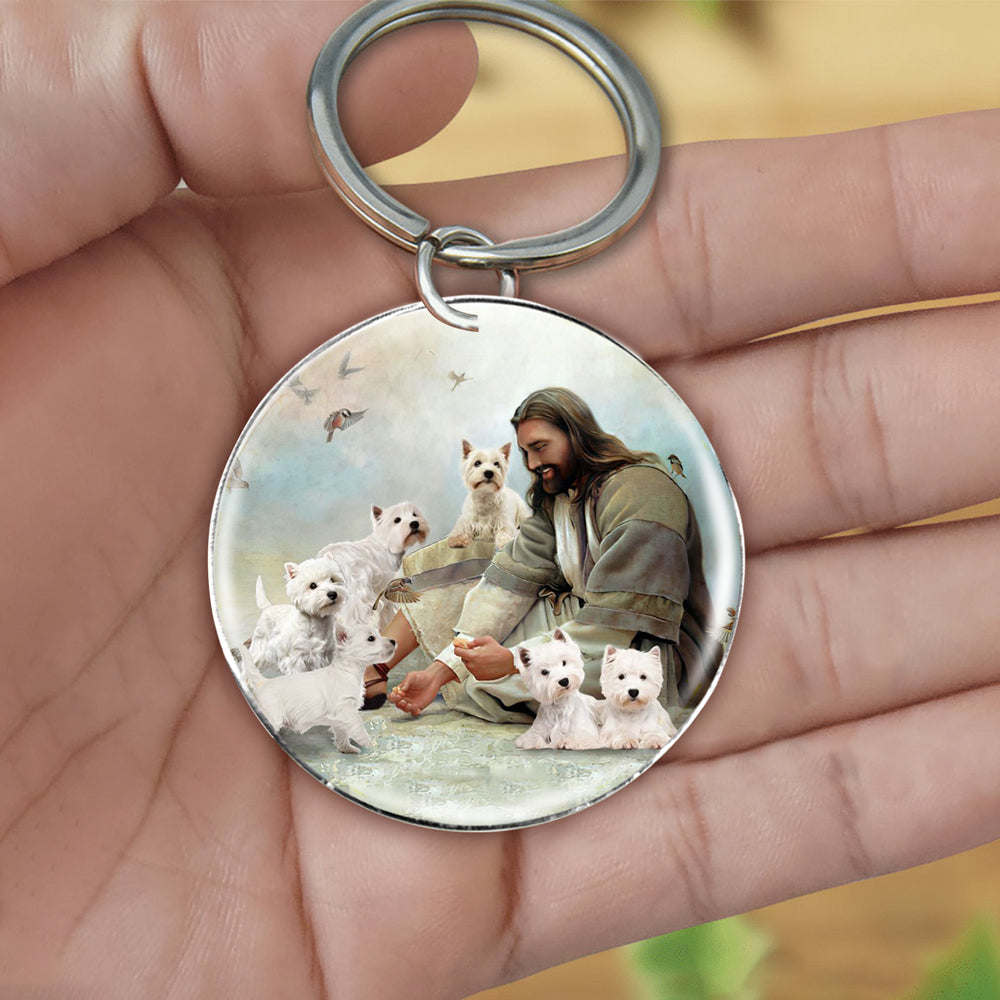 Jesus Surrounded By West Highland White Terriers-Round Resin Epoxy Metal Keychain