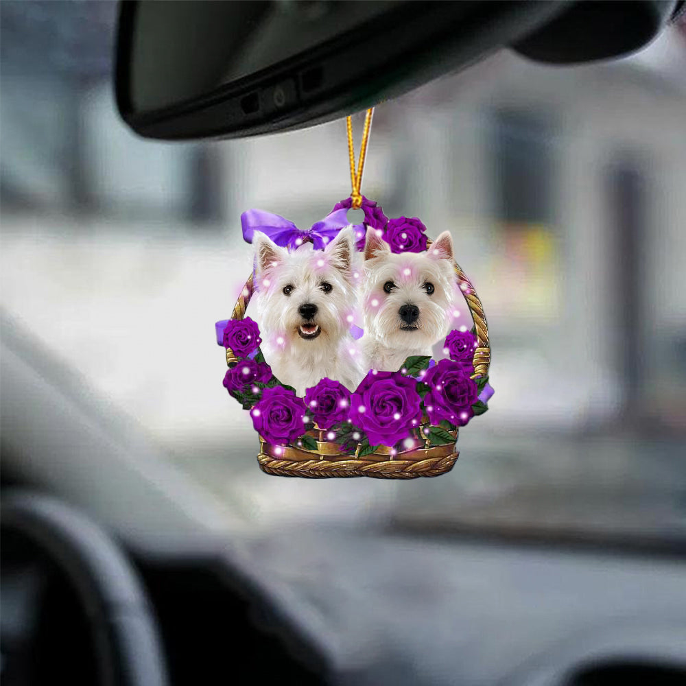 West Highland White Terrier Purple Rose Wicker Basket Car Hanging Ornament