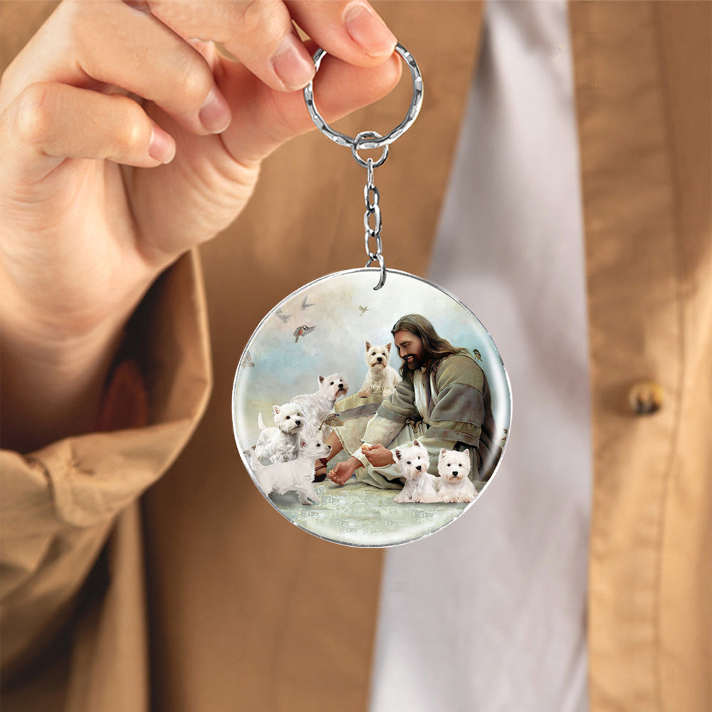 Jesus Surrounded By West Highland White Terriers-Round Resin Epoxy Metal Keychain