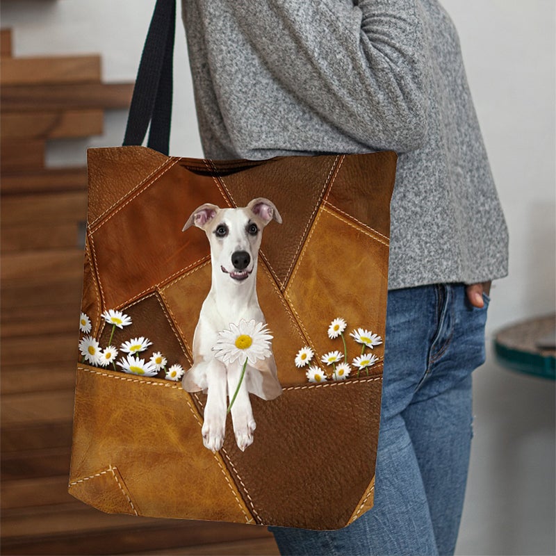 Whippet Holding Daisy All Over Printed Tote Bag
