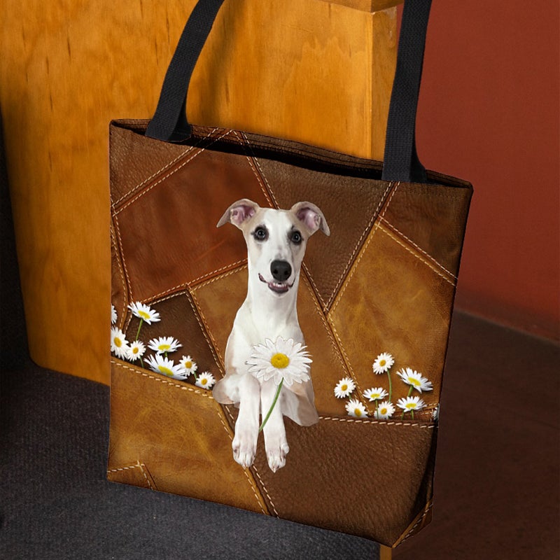 Whippet Holding Daisy All Over Printed Tote Bag