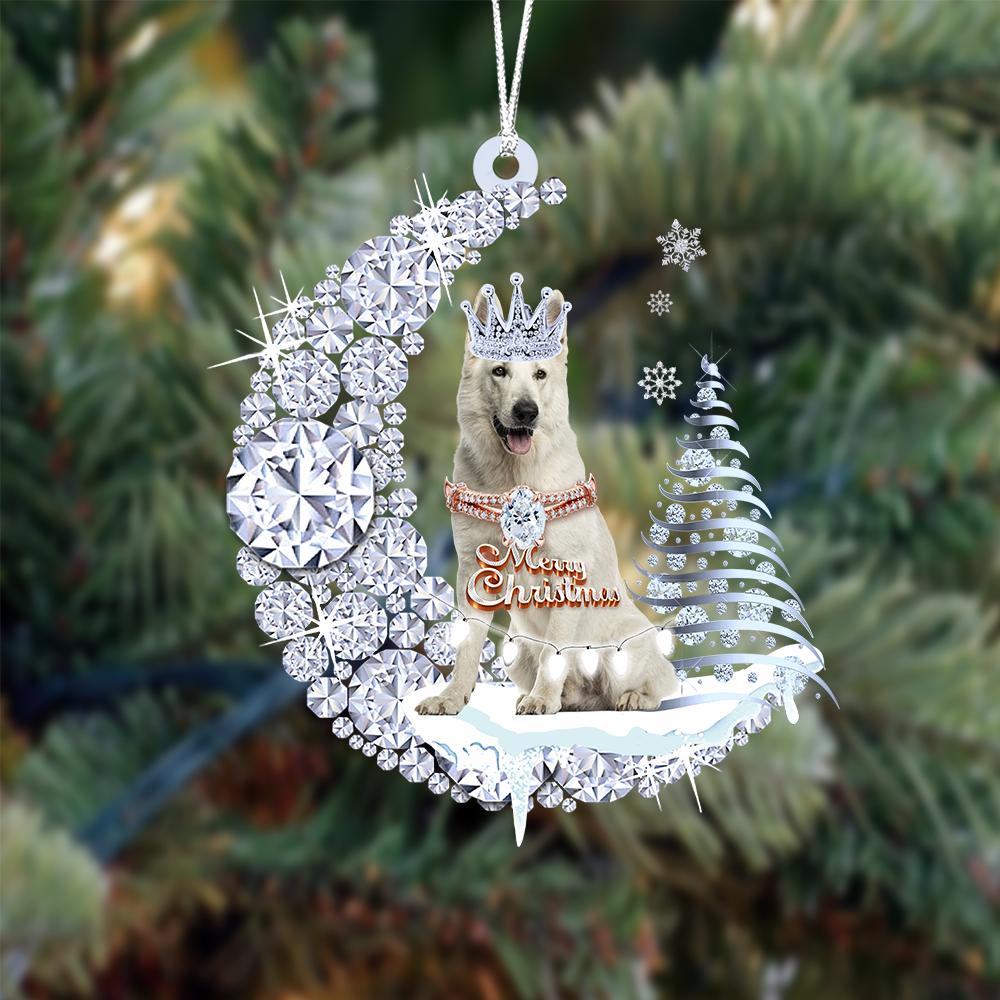 White German Shepherd Diamond Moon Merry Christmas Ornament