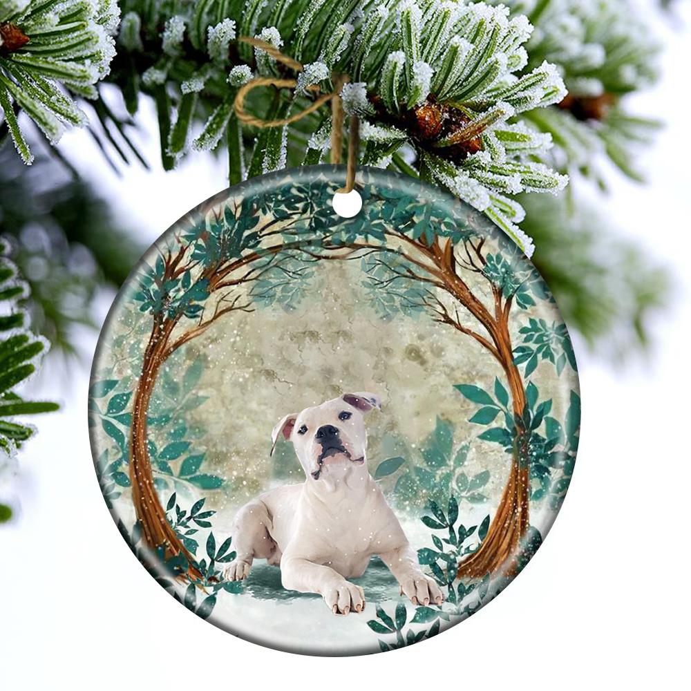 White American Bulldog Among Forest Porcelain/Ceramic Ornament