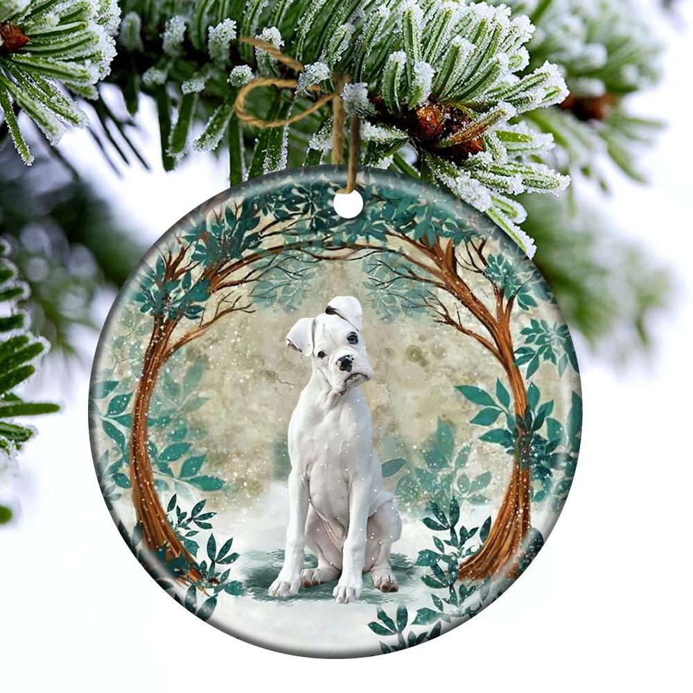 White Boxer Among Forest Porcelain/Ceramic Ornament