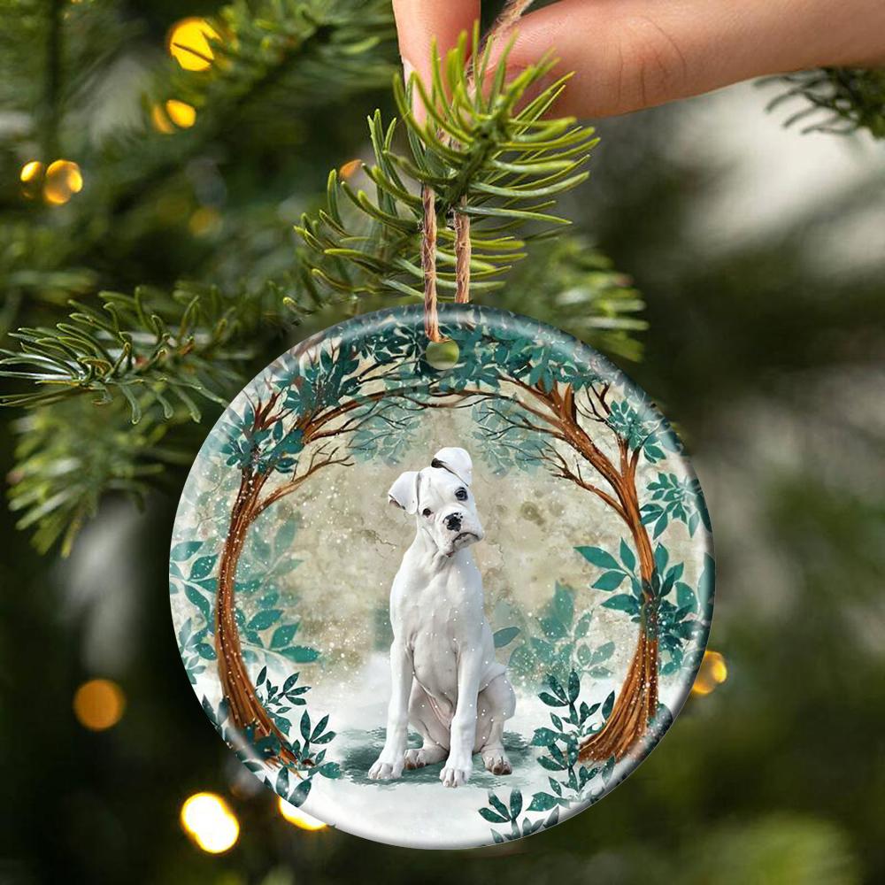 White Boxer Among Forest Porcelain/Ceramic Ornament