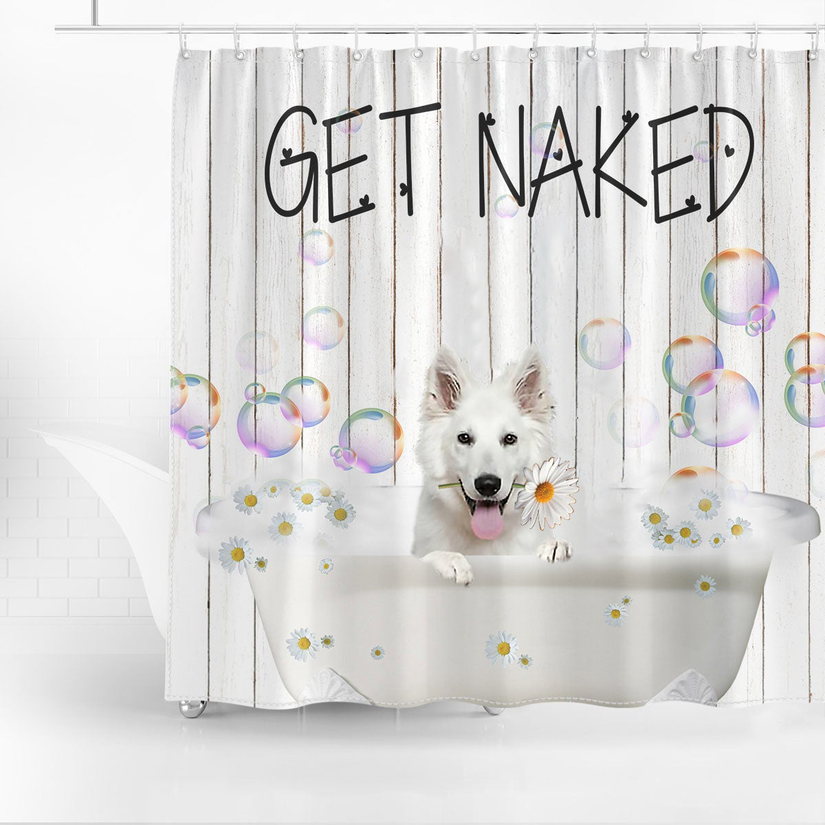 White German Shepherd Get Naked Daisy Shower Curtain