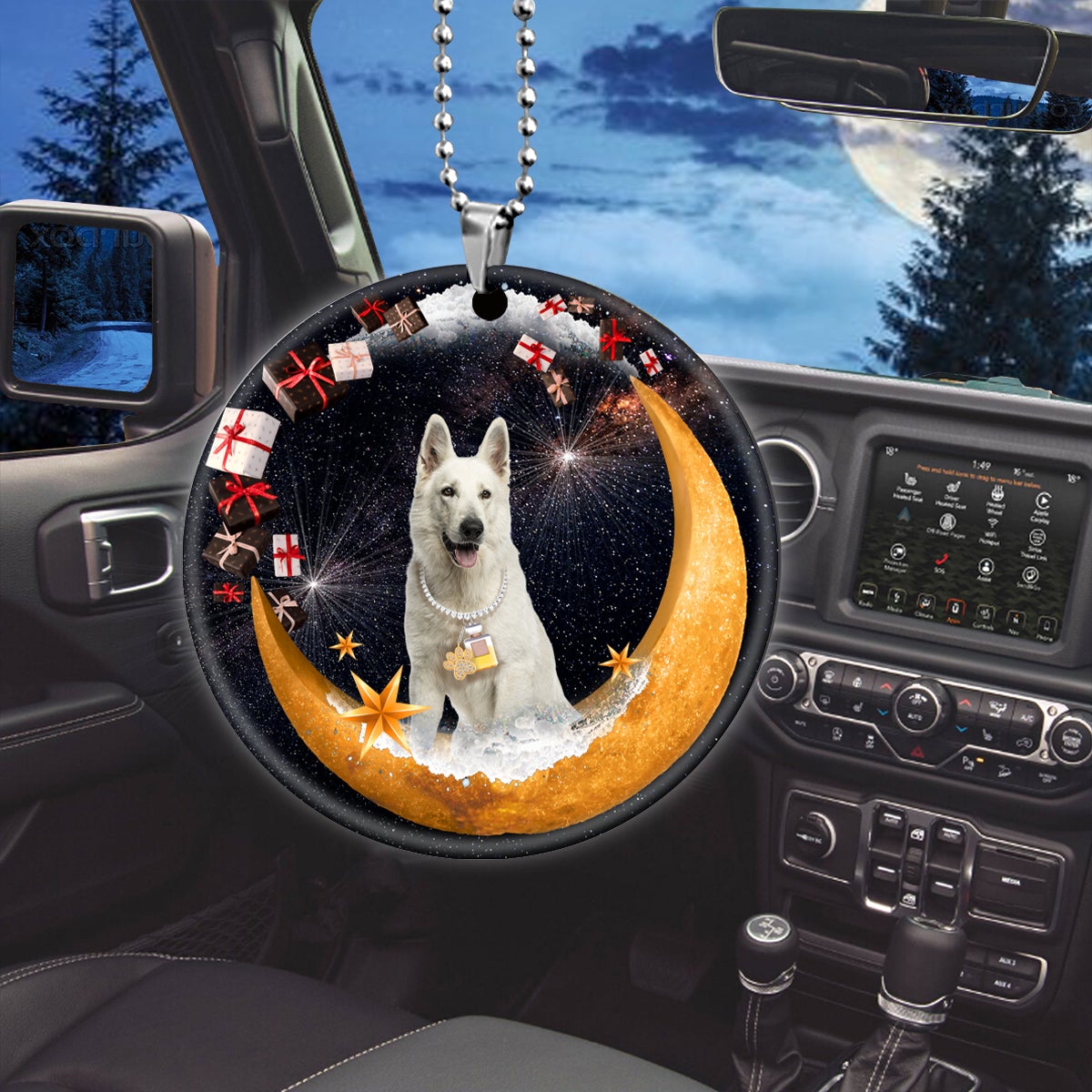White German Shepherd Fashion Moon Car Hanging Ceramic Ornament