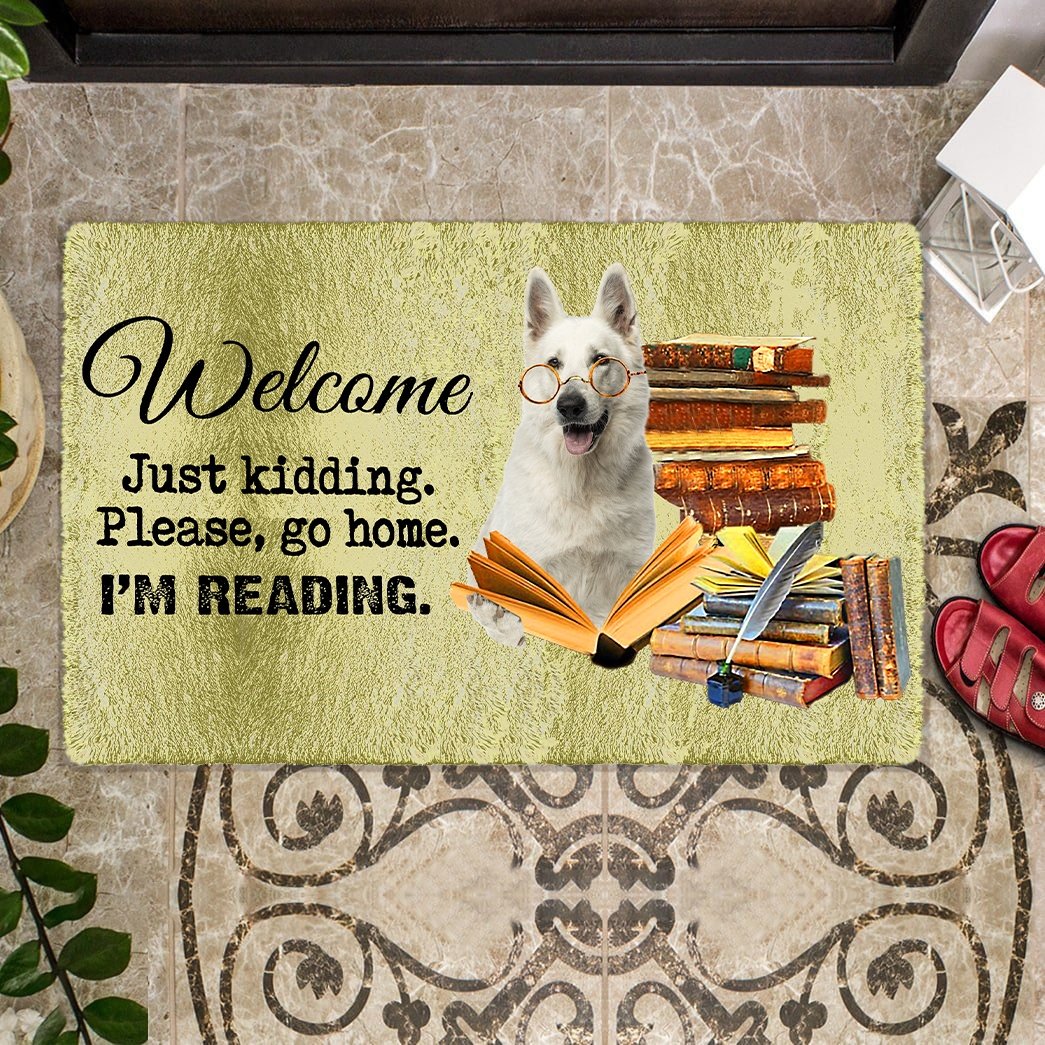 White German Shepherd- Doormat-Welcome.Just kidding. Please, go home. I'm Reading.