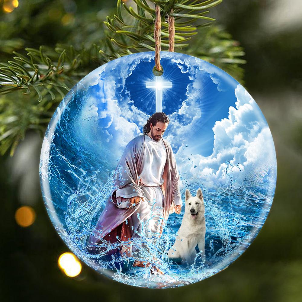 White German Shepherd And God Walking On The Ocean Wave Porcelain/Ceramic Ornament
