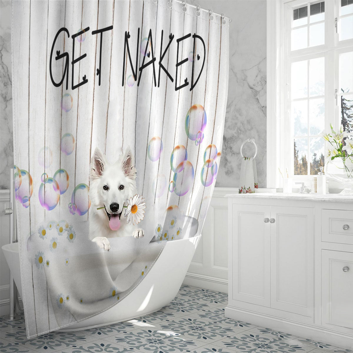 White German Shepherd Get Naked Daisy Shower Curtain