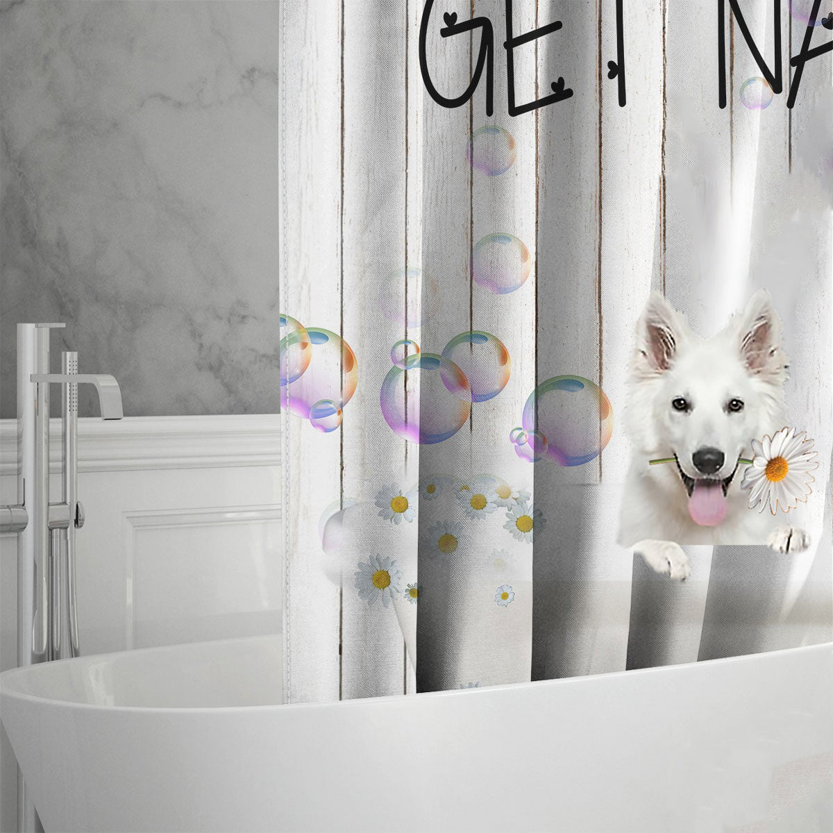 White German Shepherd Get Naked Daisy Shower Curtain