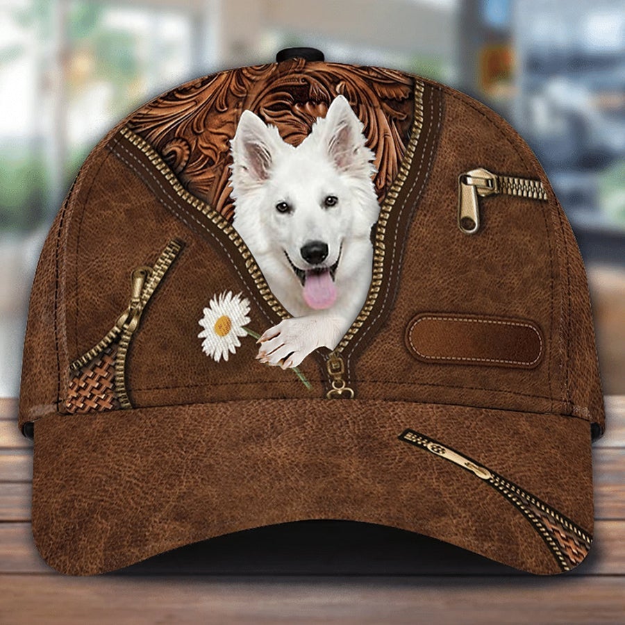 White German Shepherd Holding Daisy Unisex Cap