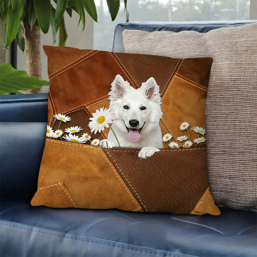 White German Shepherd Holding Daisy Pillow Case