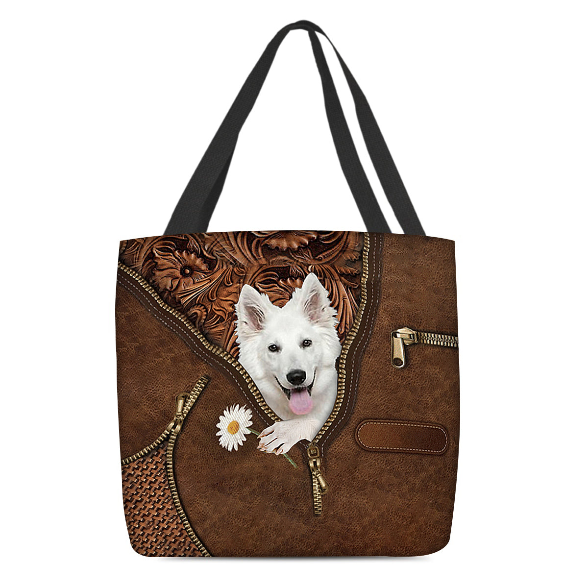 White German Shepherd Holding Daisy Tote Bag