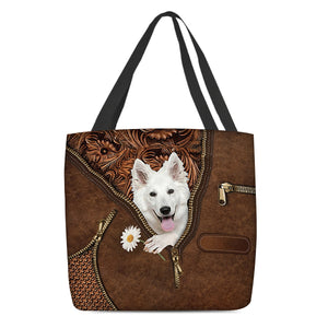 White German Shepherd Holding Daisy Tote Bag