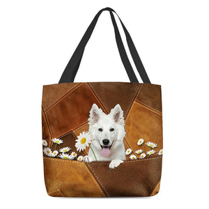 White German Shepherd Holding Daisy  All Over Printed Tote Bag