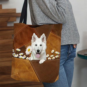 White German Shepherd Holding Daisy  All Over Printed Tote Bag