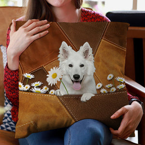 White German Shepherd Holding Daisy Pillow Case