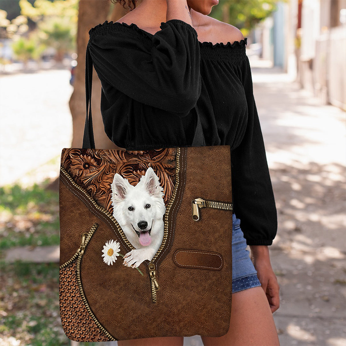 White German Shepherd Holding Daisy Tote Bag