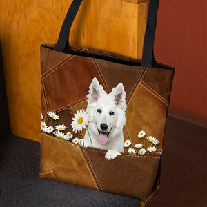 White German Shepherd Holding Daisy  All Over Printed Tote Bag