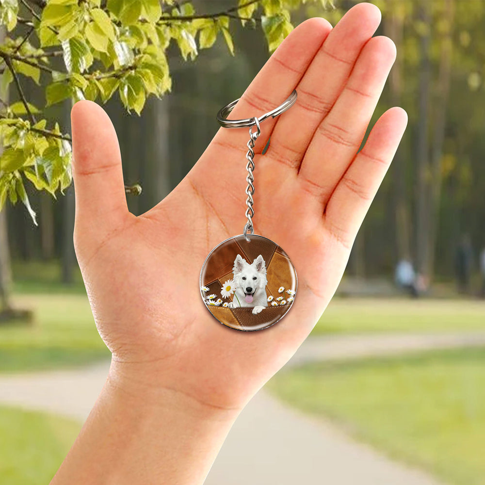 White German Shepherd Holding Daisy-Round Resin Epoxy Metal Keychain