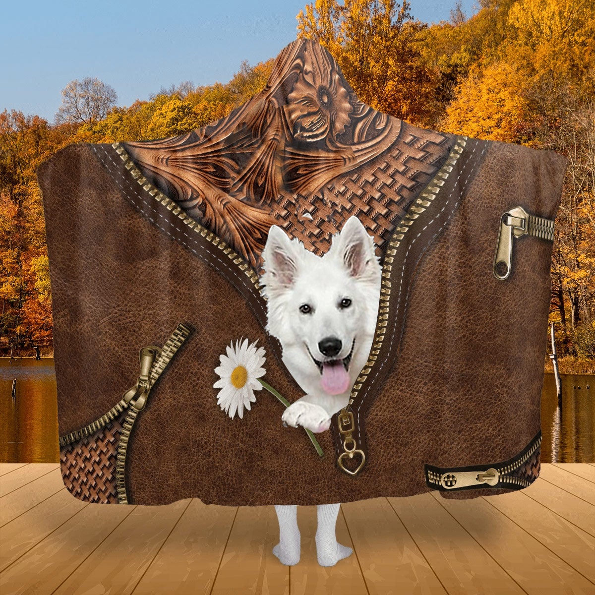 White German Shepherd Holding Daisy Hooded Blanket