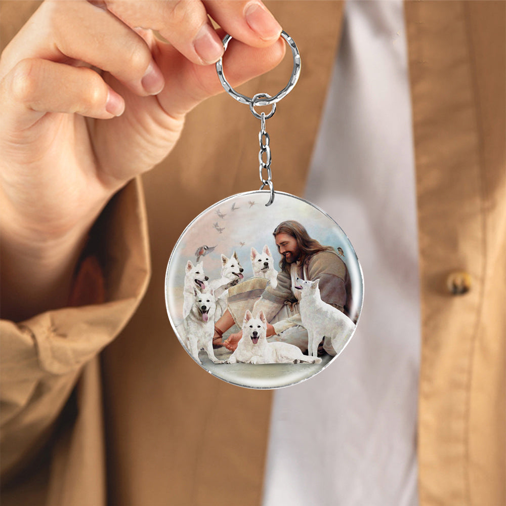 Jesus Surrounded By White German Shepherds-Round Resin Epoxy Metal Keychain