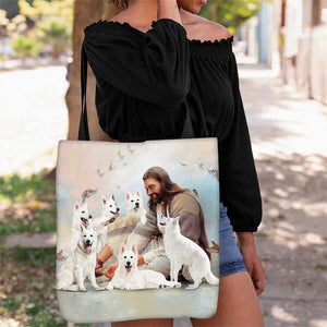 Jesus Surrounded By White Shepherds Tote Bag