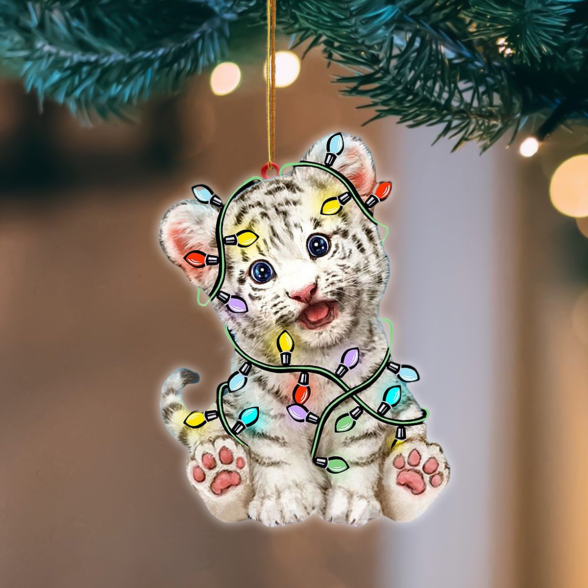 White Tiger Christmas Light Hanging Ornament