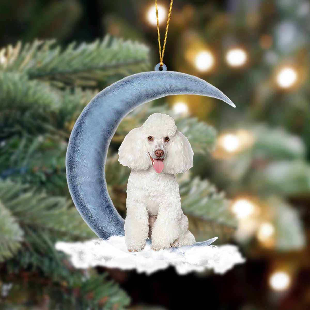 White Toy Poodle Sits On The Moon Hanging Ornament