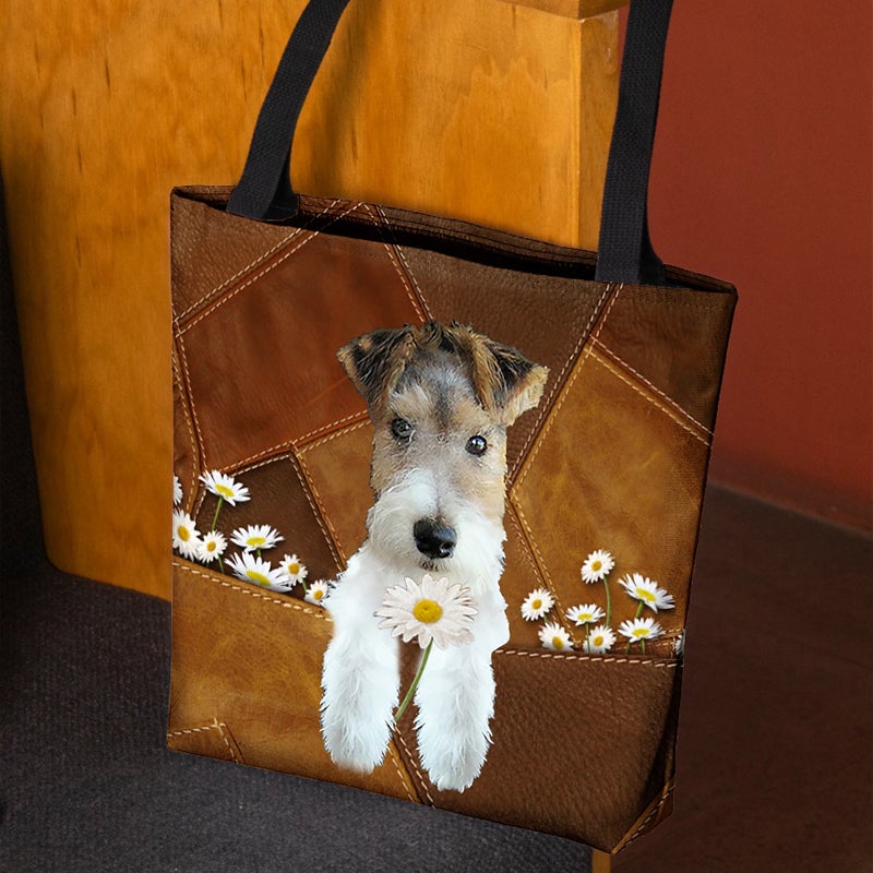 Wire Fox Terrier Holding Daisy All Over Printed Tote Bag