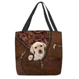 Yellow Labrador Holding Daisy Tote Bag