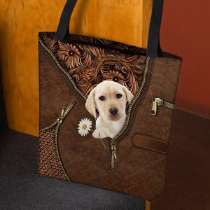 Yellow Labrador Holding Daisy Tote Bag