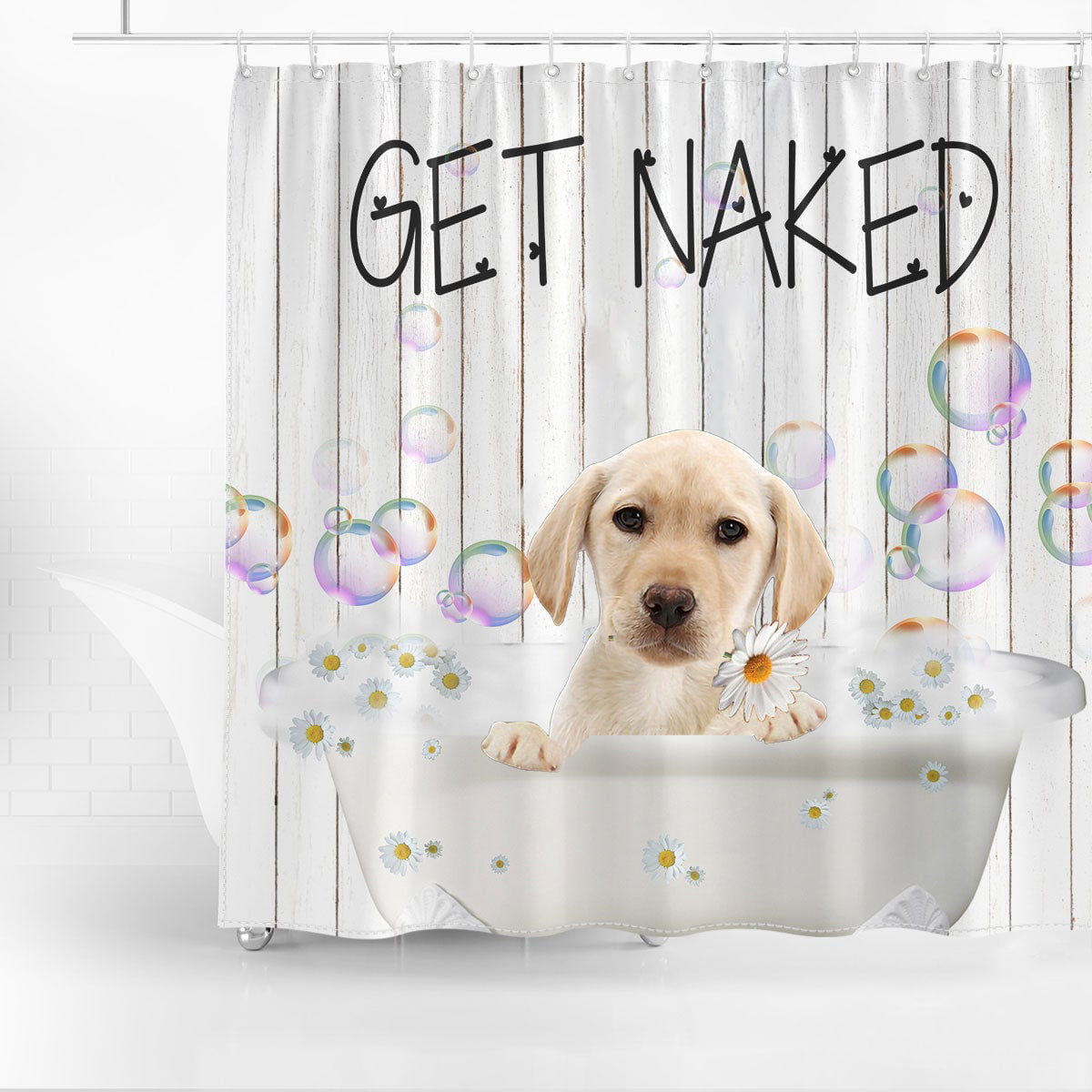 Yellow Labrador Get Naked Daisy Shower Curtain