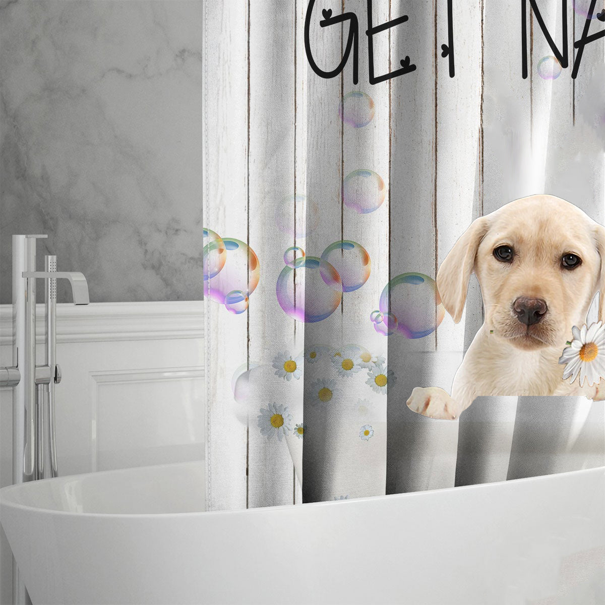 Yellow Labrador Get Naked Daisy Shower Curtain