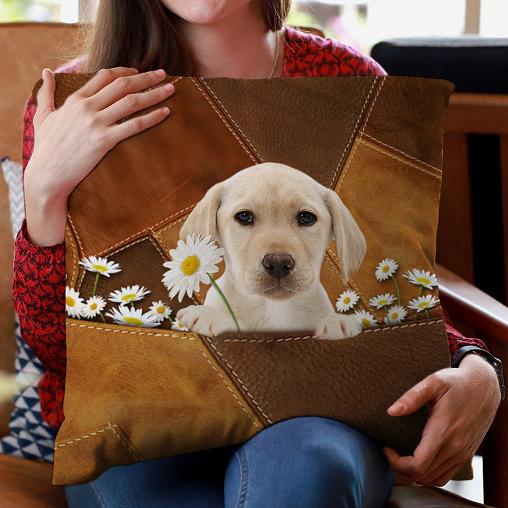 Yellow Labrador Holding Daisy Pillow Case