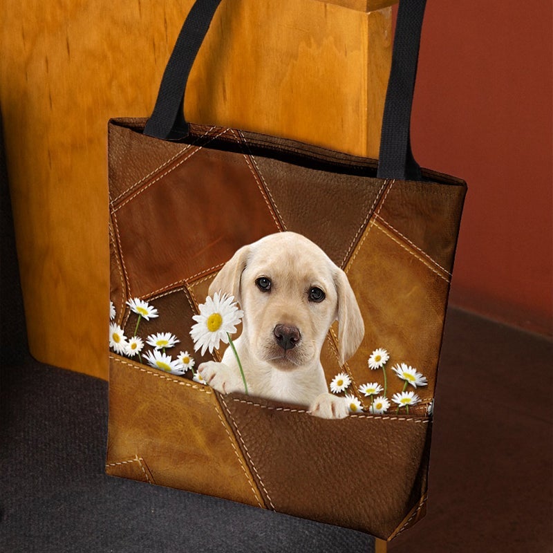 Yellow Labrador Holding Daisy  All Over Printed Tote Bag