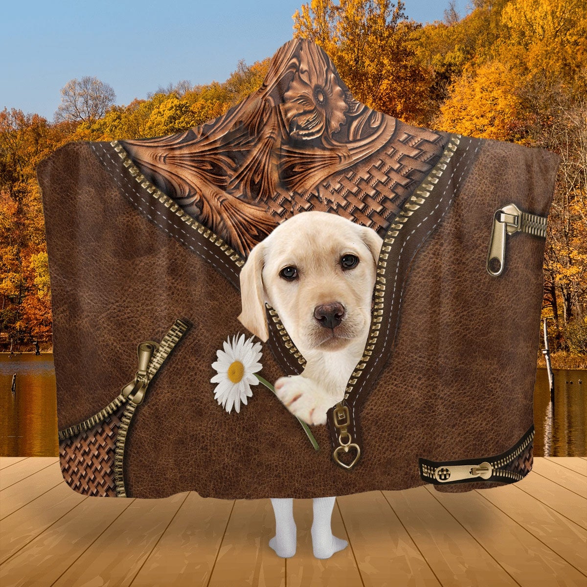 Yellow Labrador Holding Daisy Hooded Blanket