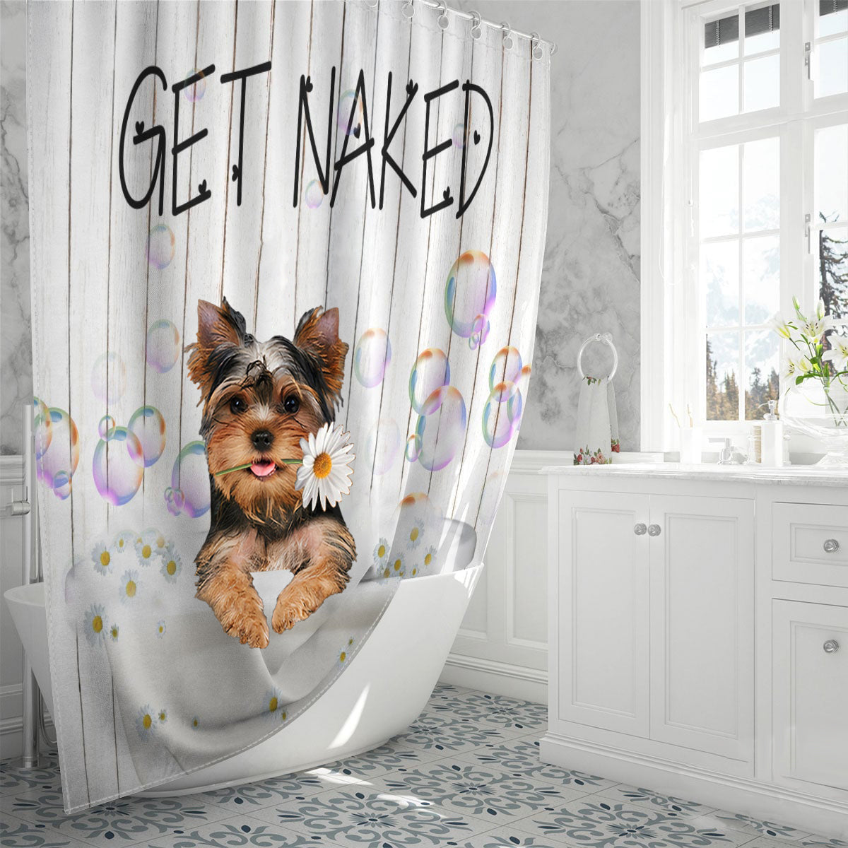 Yorkshire Terrier Get Naked Daisy Shower Curtain