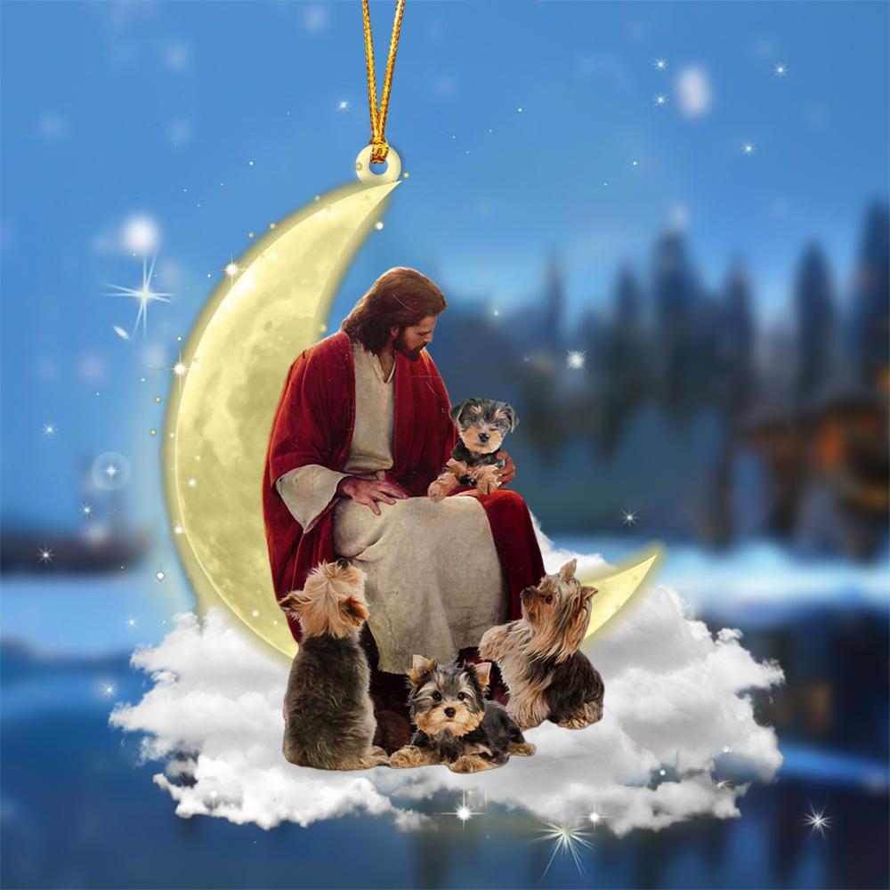 God Surrounded By Yorkshire Terriers On The Moon Hanging Ornament