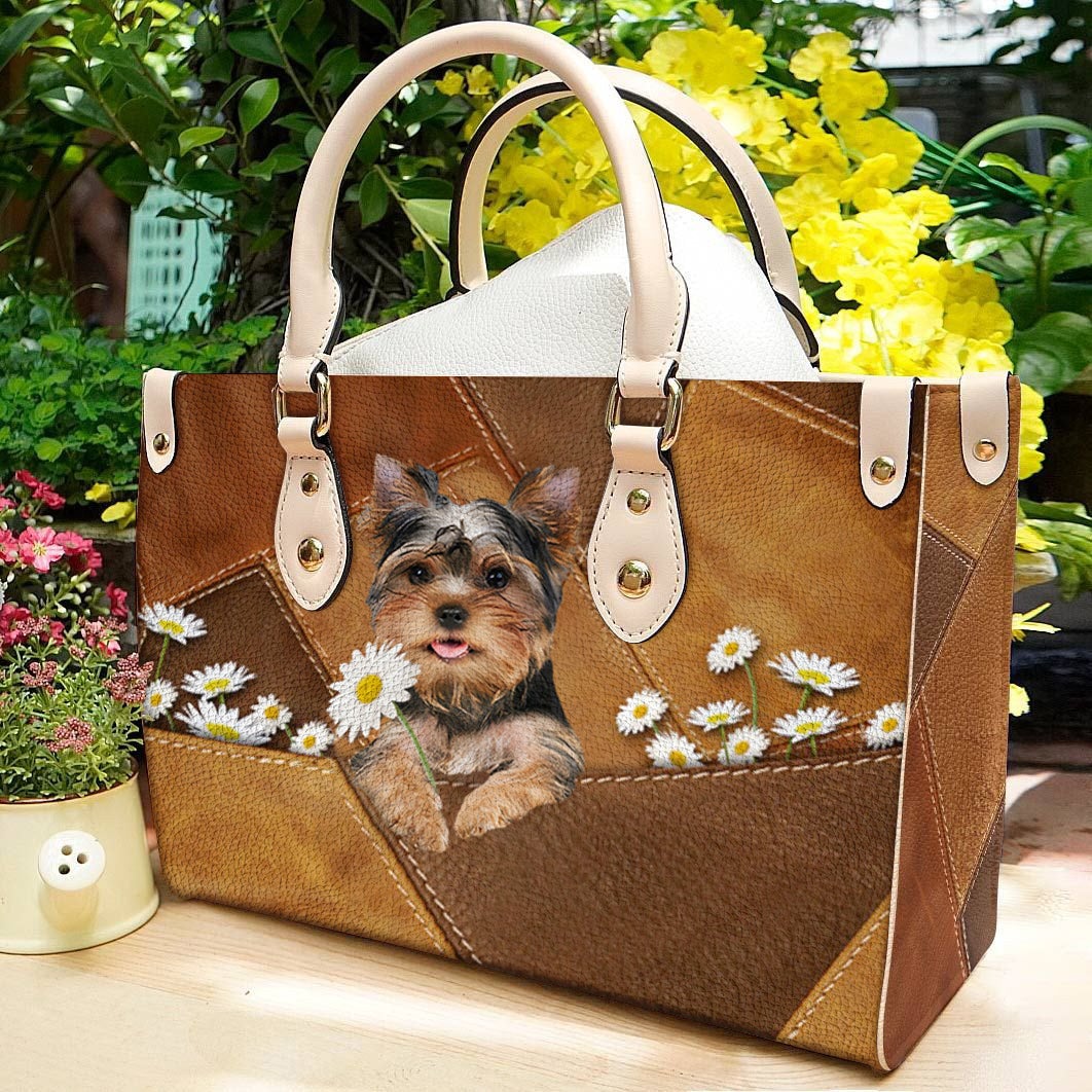 Yorkshire Terrier 2 Holding Daisy Leather Bag