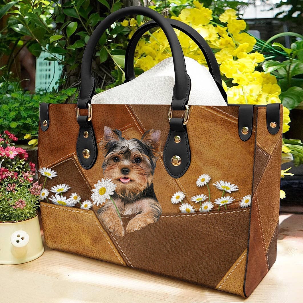 Yorkshire Terrier 2 Holding Daisy Leather Bag