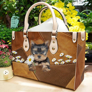 Yorkshire Terrier Holding Daisy Leather Bag