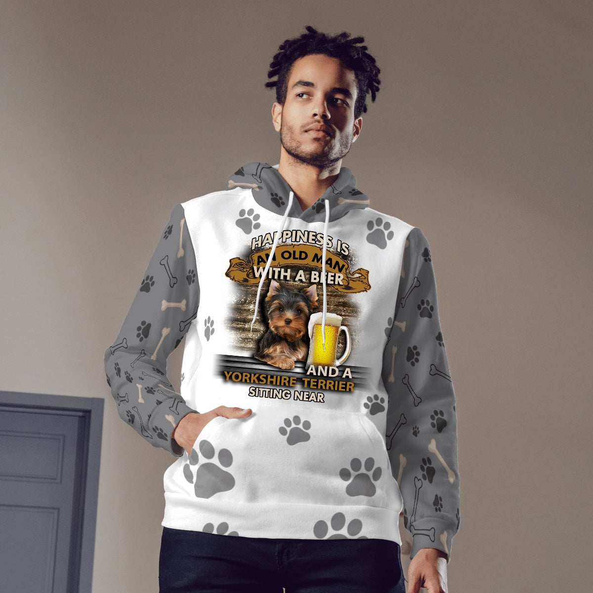 Happiness Is An Old Man With A Beer And A Yorkshire Terrier Hoodie