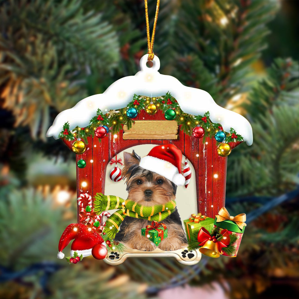 Yorkshire Terrier In Red Wood House Christmas Ornament