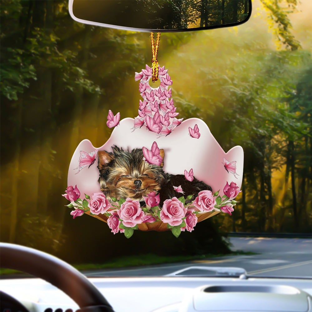 Yorkshire Terrier 2 Sleeping In Rose Garden Car Hanging Ornament