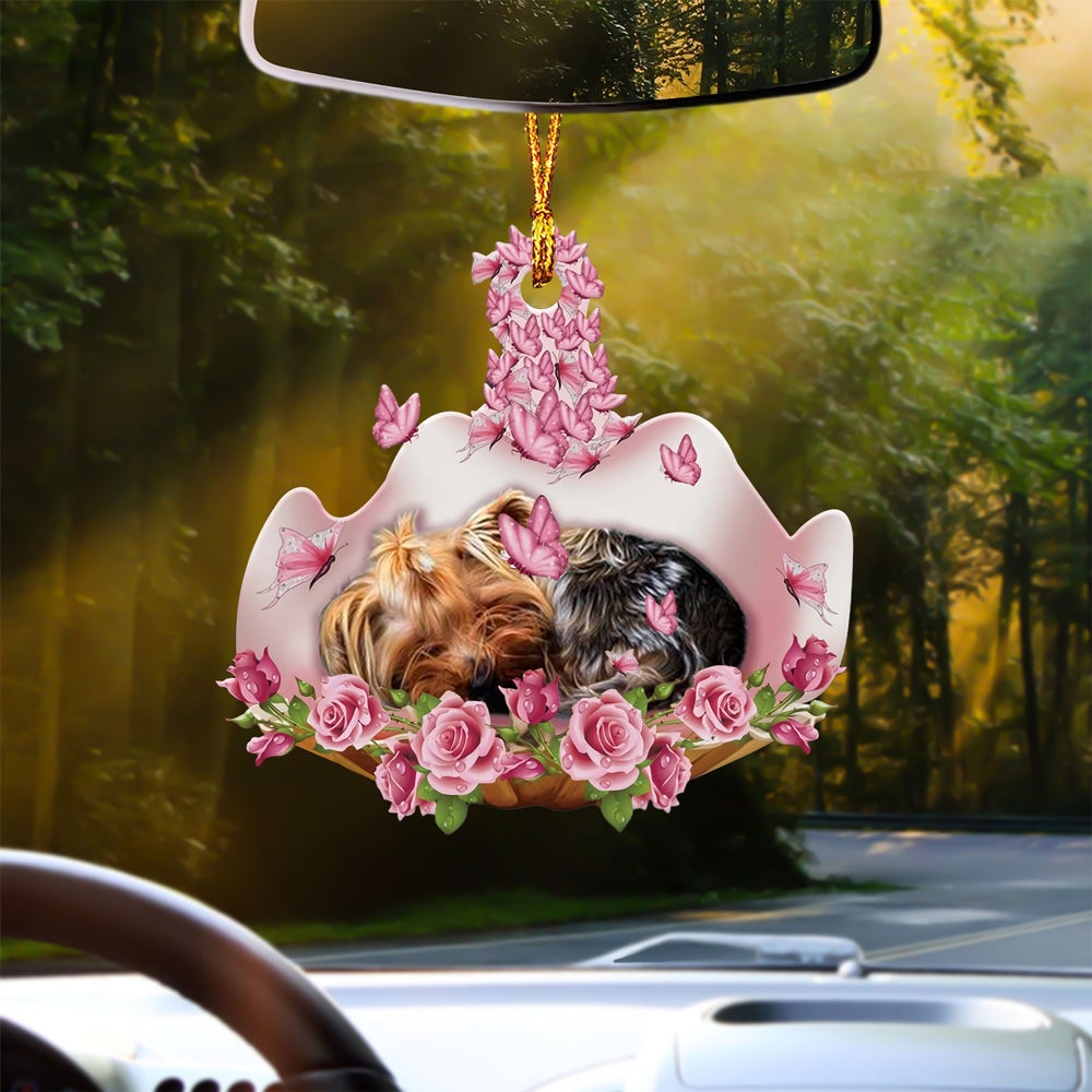 Yorkshire Terrier Sleeping In Rose Garden Car Hanging Ornament